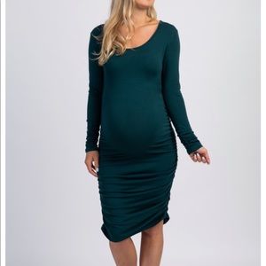 Green Ruched Long Sleeve Maternity Dress
